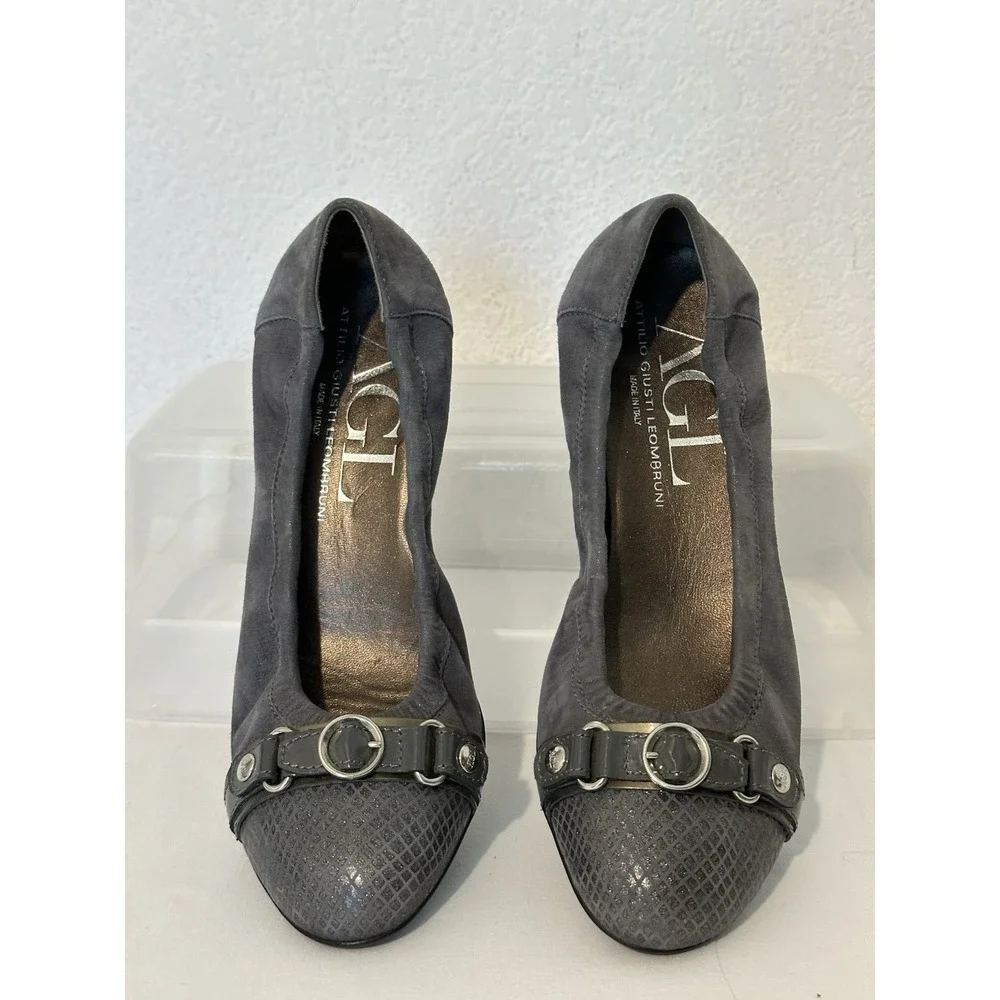 AGL Attilio Giusti‎ Leombruni Cap Toe Buckle Low Wedge Heel Gray Suede Size 39/9